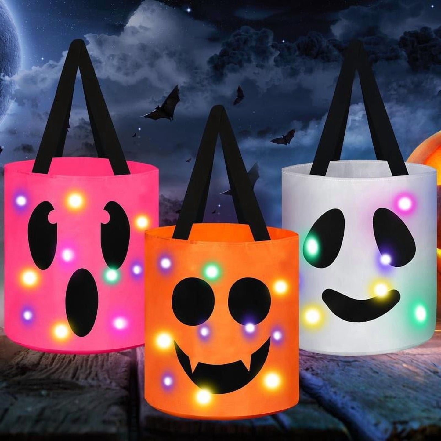 3 Pcs Halloween Candy Bucket with LED Lights – Reusable Pumpkin Trick or Treat Bags | Tote Bags for Students Adults | Night Light Decor for Home Garden Party Favors VNP