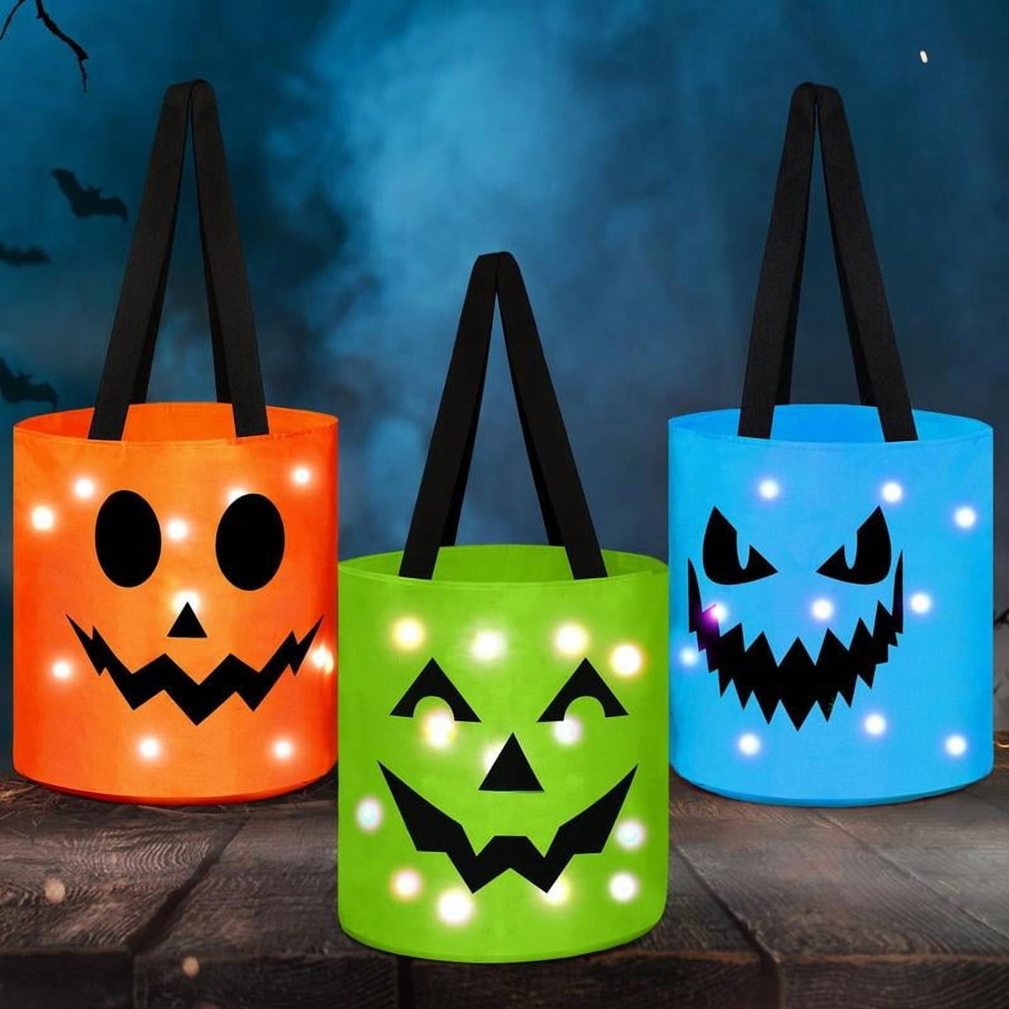 3 Pcs Halloween Candy Bucket with LED Lights – Reusable Pumpkin Trick or Treat Bags | Tote Bags for Students Adults | Night Light Decor for Home Garden Party Favors VNP