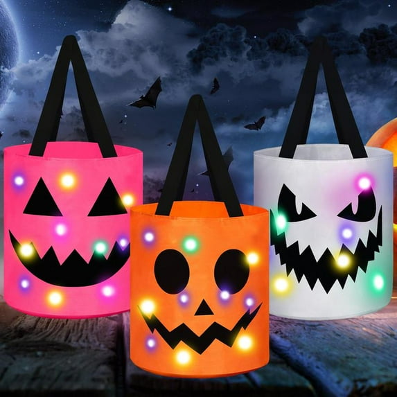 3 Pcs Halloween Candy Bucket with LED Lights – Reusable Pumpkin Trick or Treat Bags | Tote Bags for Students Adults | Night Light Decor for Home Garden Party Favors VNP