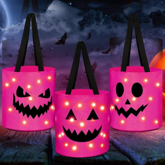 3 Pcs Halloween Candy Bucket with LED Lights – Reusable Pumpkin Trick or Treat Bags | Tote Bags for Students Adults | Night Light Decor for Home Garden Party Favors VNP