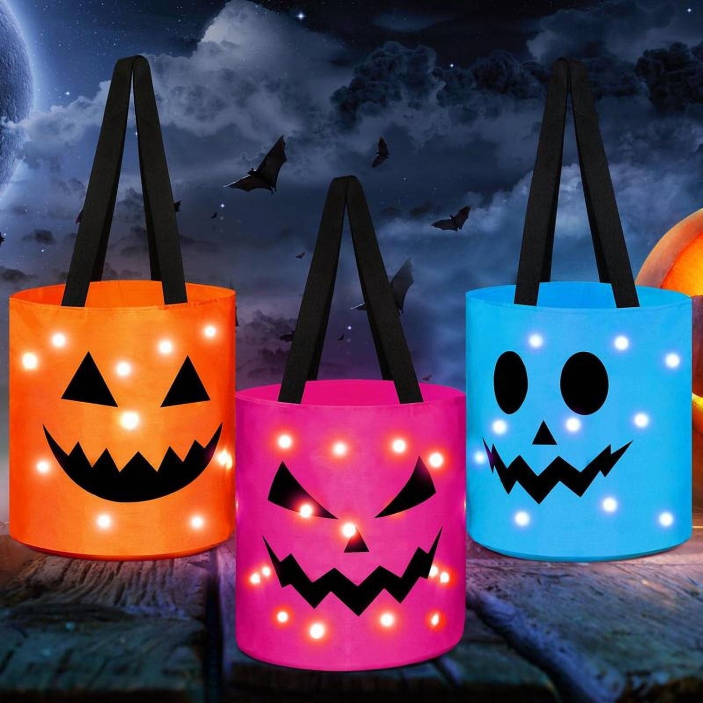3 Pcs Halloween Candy Bucket with LED Lights – Reusable Pumpkin Trick or Treat Bags | Tote Bags for Students Adults | Night Light Decor for Home Garden Party Favors VNP