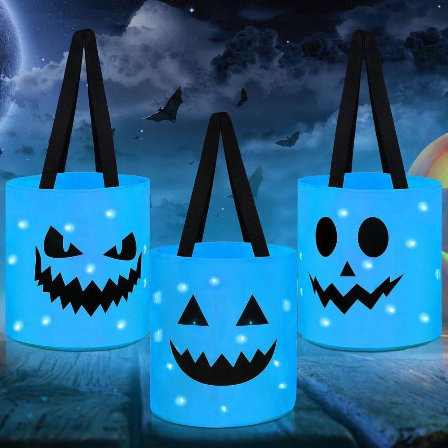 3 Pcs Halloween Candy Bucket with LED Lights – Reusable Pumpkin Trick or Treat Bags | Tote Bags for Students Adults | Night Light Decor for Home Garden Party Favors VNP
