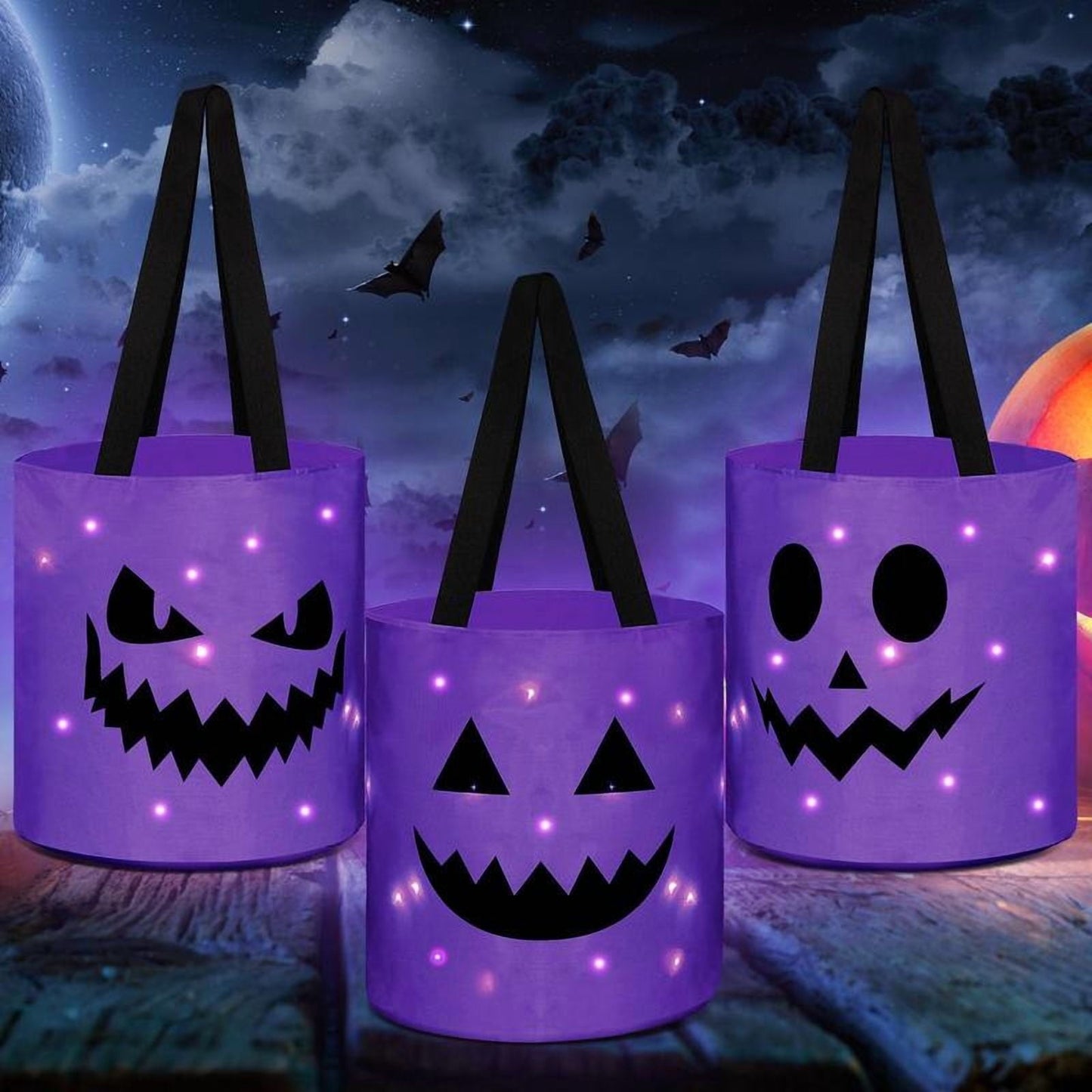 3 Pcs Halloween Candy Bucket with LED Lights – Reusable Pumpkin Trick or Treat Bags | Tote Bags for Students Adults | Night Light Decor for Home Garden Party Favors VNP
