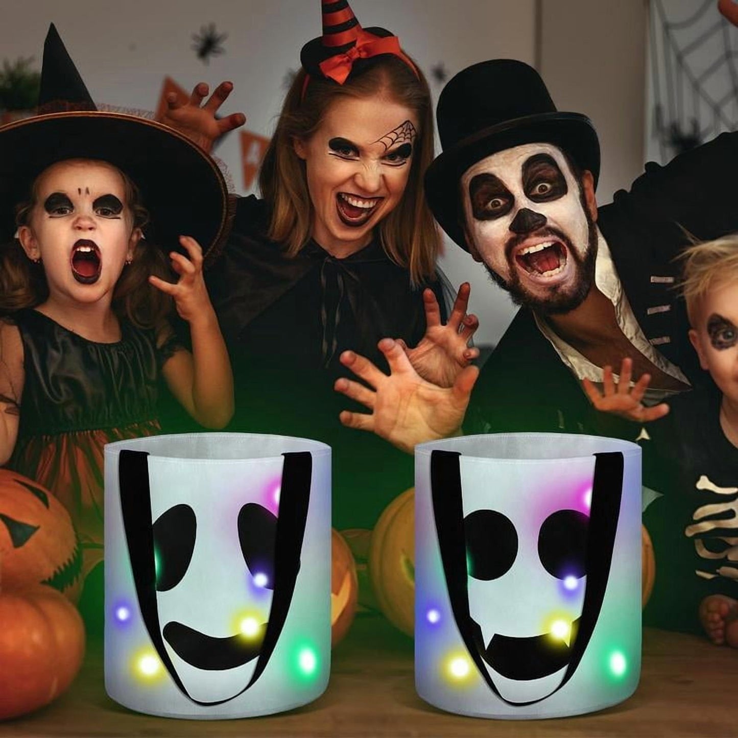 3 Pcs Halloween Candy Bucket with LED Lights – Reusable Pumpkin Trick or Treat Bags | Tote Bags for Students Adults | Night Light Decor for Home Garden Party Favors VNP