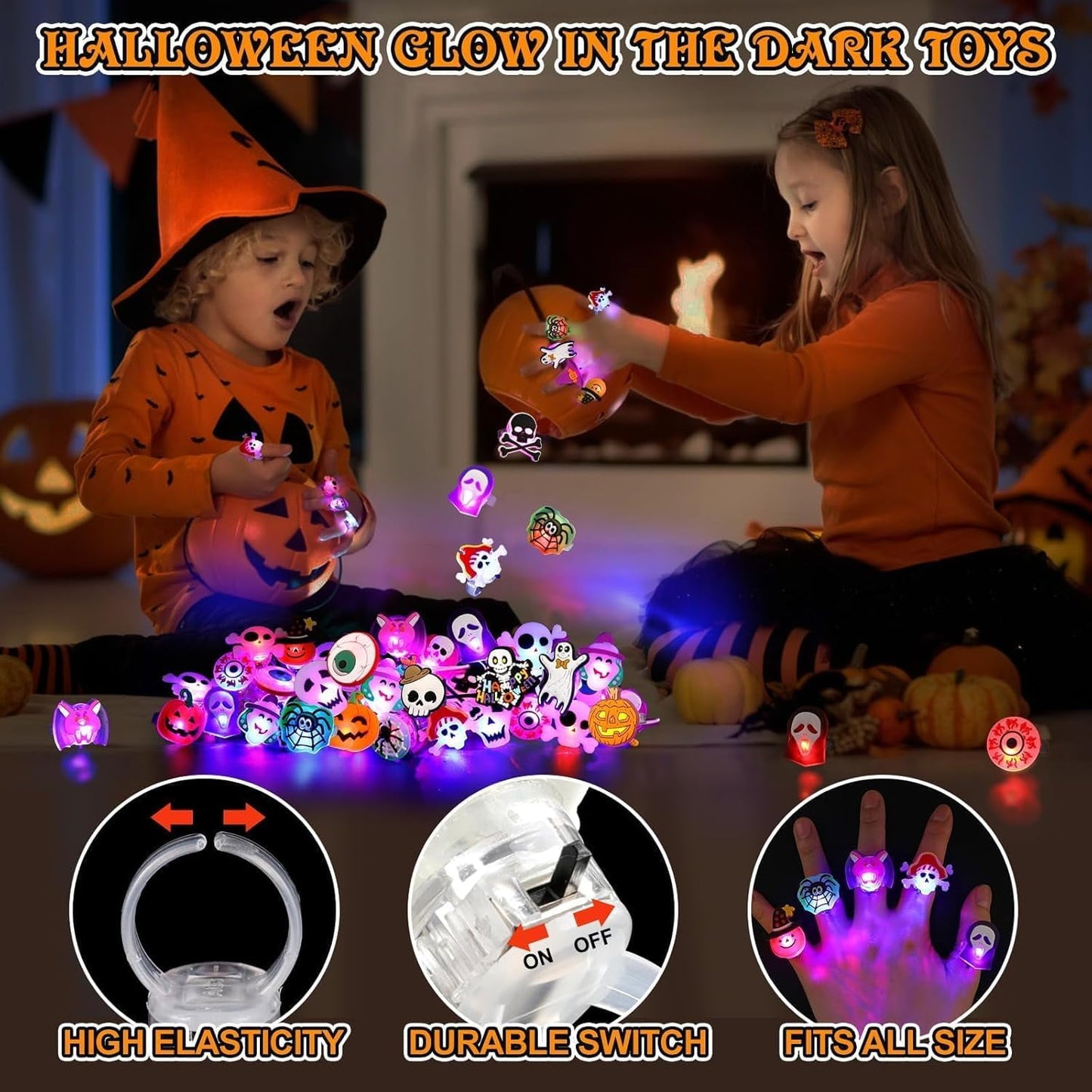 Halloween Treats 50Pcs LED Ring Light Up Rings Glow in The Dark Halloween Party Favors for Kid LED Flash Rings Non Candy Gift Bag Fillers VNP