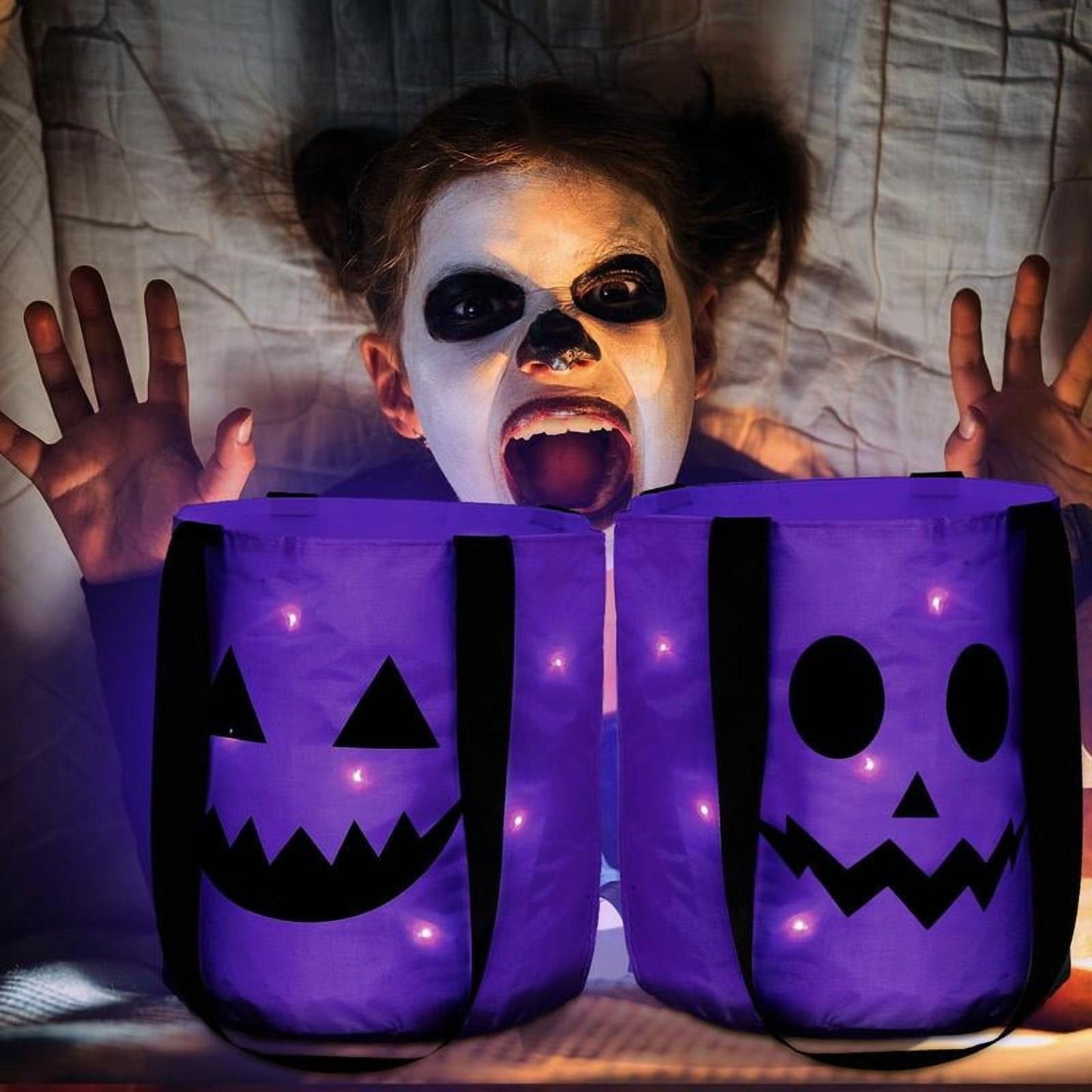 3 Pcs Halloween Candy Bucket with LED Lights – Reusable Pumpkin Trick or Treat Bags | Tote Bags for Students Adults | Night Light Decor for Home Garden Party Favors VNP