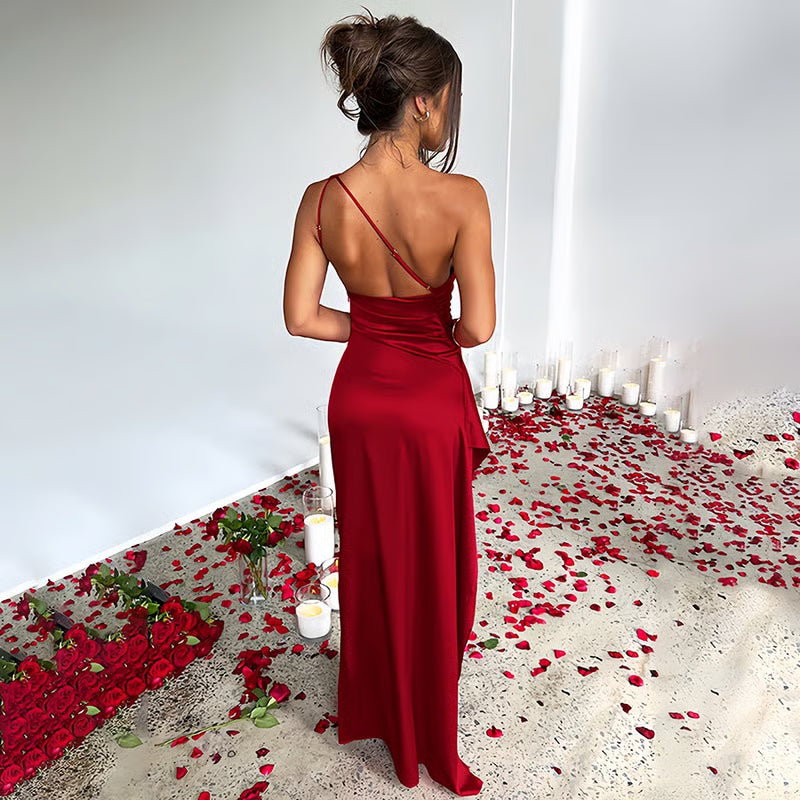 Women's Sexy One Shoulder Satin High Split Cocktail Fit Wedding Party Maxi Formal Dress