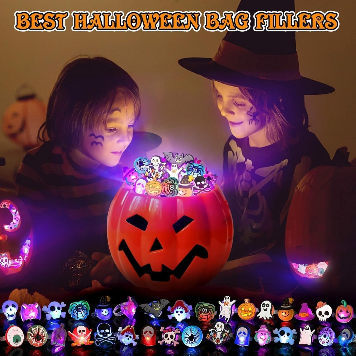 Halloween Treats 50Pcs LED Ring Light Up Rings Glow in The Dark Halloween Party Favors for Kid LED Flash Rings Non Candy Gift Bag Fillers VNP