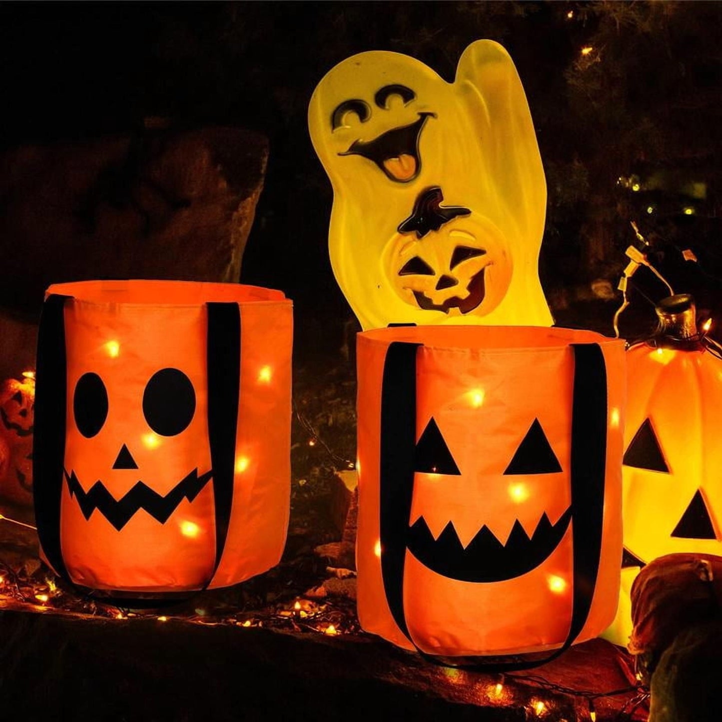 3 Pcs Halloween Candy Bucket with LED Lights – Reusable Pumpkin Trick or Treat Bags | Tote Bags for Students Adults | Night Light Decor for Home Garden Party Favors VNP