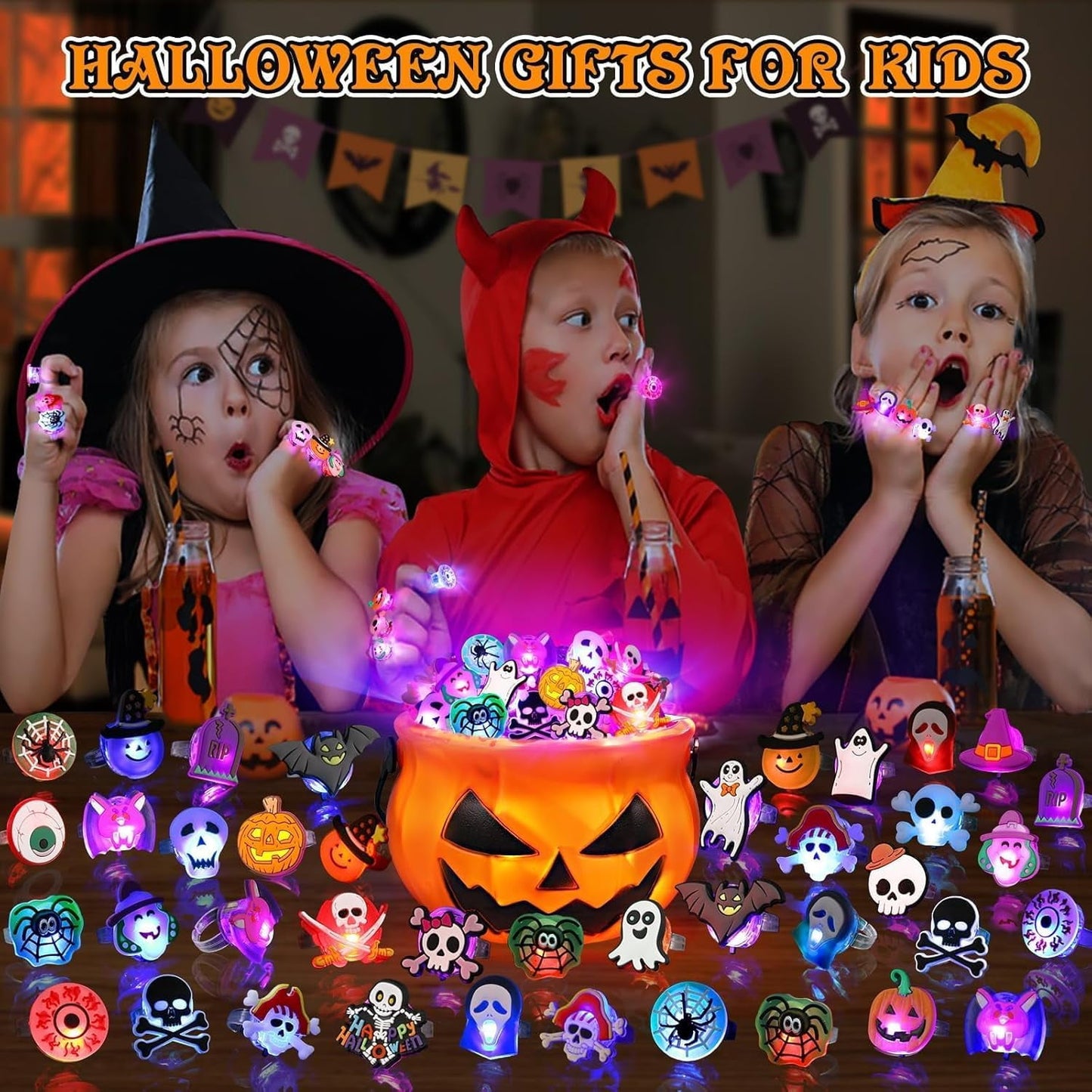 Halloween Treats 50Pcs LED Ring Light Up Rings Glow in The Dark Halloween Party Favors for Kid LED Flash Rings Non Candy Gift Bag Fillers VNP