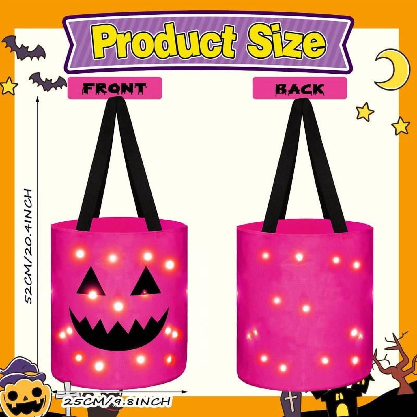 3 Pcs Halloween Candy Bucket with LED Lights – Reusable Pumpkin Trick or Treat Bags | Tote Bags for Students Adults | Night Light Decor for Home Garden Party Favors VNP