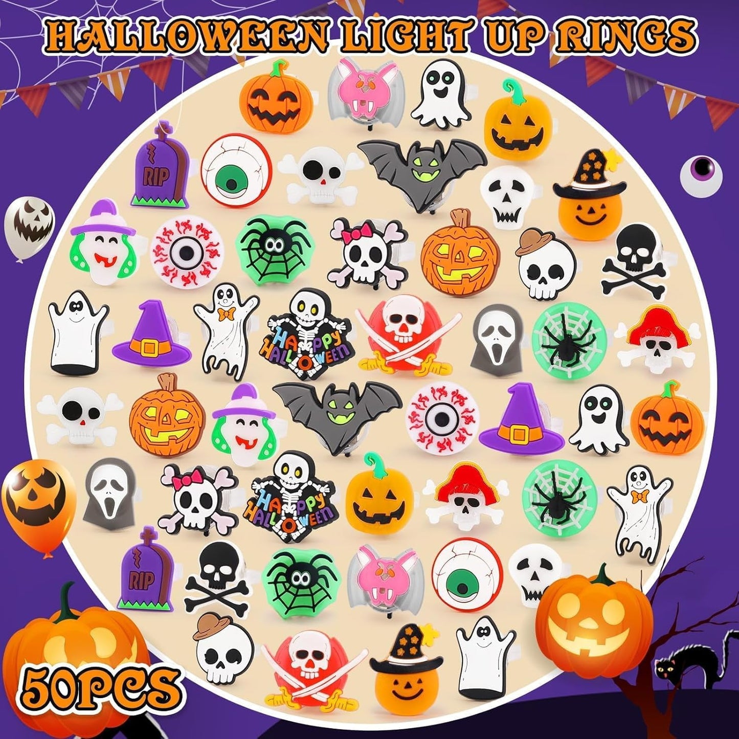 Halloween Treats 50Pcs LED Ring Light Up Rings Glow in The Dark Halloween Party Favors for Kid LED Flash Rings Non Candy Gift Bag Fillers VNP