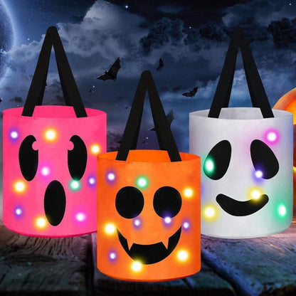 3 Pcs Halloween Candy Bucket with LED Lights – Reusable Pumpkin Trick or Treat Bags | Tote Bags for Students Adults | Night Light Decor for Home Garden Party Favors VNP