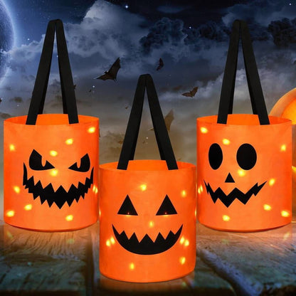 3 Pcs Halloween Candy Bucket with LED Lights – Reusable Pumpkin Trick or Treat Bags | Tote Bags for Students Adults | Night Light Decor for Home Garden Party Favors VNP