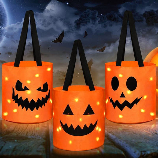 3 Pcs Halloween Candy Bucket with LED Lights – Reusable Pumpkin Trick or Treat Bags | Tote Bags for Students Adults | Night Light Decor for Home Garden Party Favors VNP