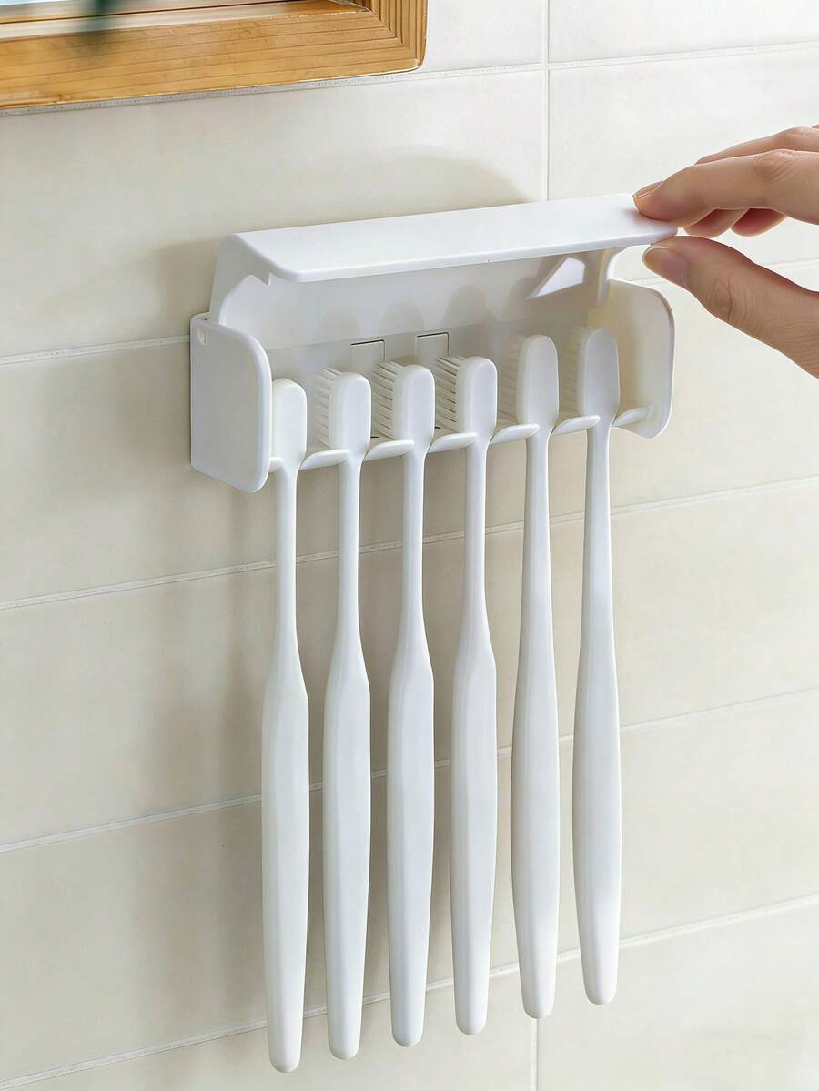 1pc No-Drill Wall-Mounted Toothbrush Holder With Cover