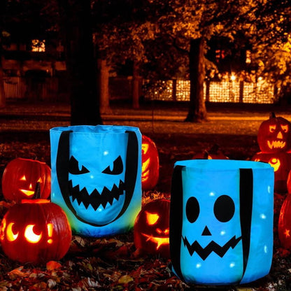 3 Pcs Halloween Candy Bucket with LED Lights – Reusable Pumpkin Trick or Treat Bags | Tote Bags for Students Adults | Night Light Decor for Home Garden Party Favors VNP