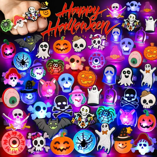Halloween Treats 50Pcs LED Ring Light Up Rings Glow in The Dark Halloween Party Favors for Kid LED Flash Rings Non Candy Gift Bag Fillers VNP