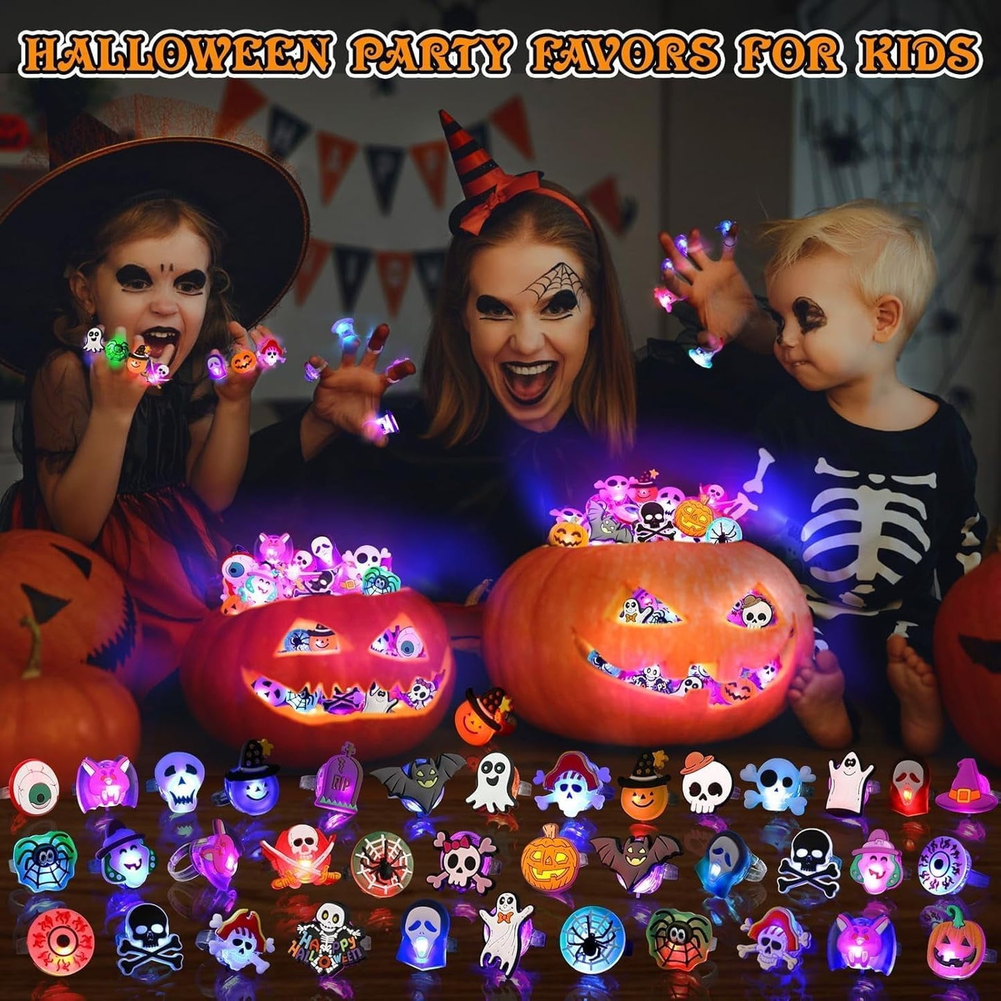 Halloween Treats 50Pcs LED Ring Light Up Rings Glow in The Dark Halloween Party Favors for Kid LED Flash Rings Non Candy Gift Bag Fillers VNP