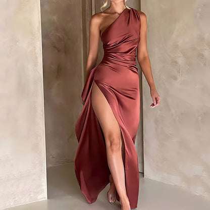 Women's Sexy One Shoulder Satin High Split Cocktail Fit Wedding Party Maxi Formal Dress