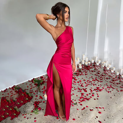 Women's Sexy One Shoulder Satin High Split Cocktail Fit Wedding Party Maxi Formal Dress
