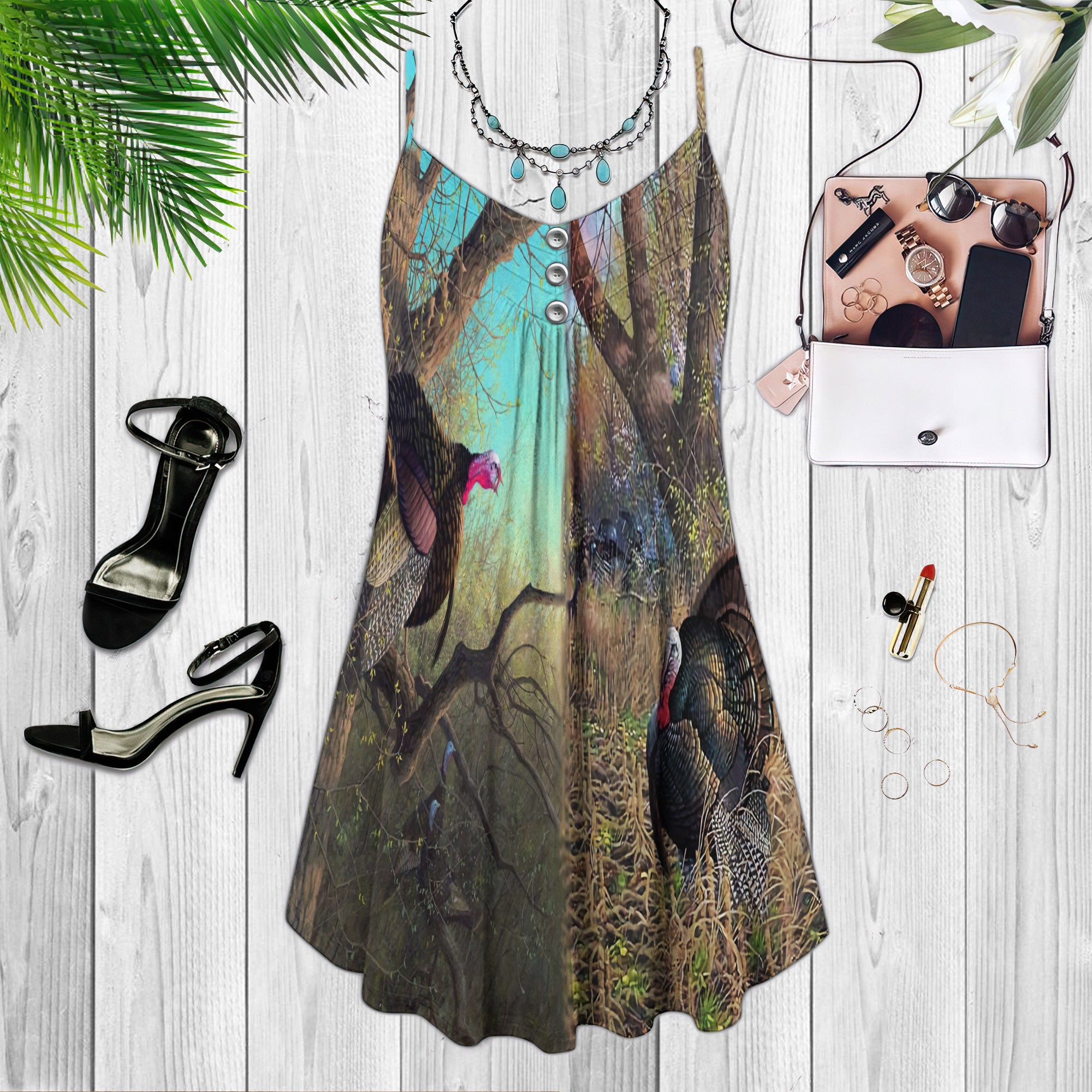 Turkey Hunting Spaghetti Strap Summer Dress | Sleeveless V Neck Mini Dress | Sundress