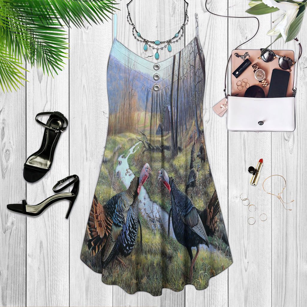 Turkey Hunting Spaghetti Strap Summer Dress | Sleeveless V Neck Mini Dress | Sundress