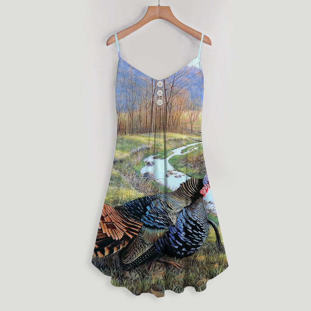 Turkey Hunting Spaghetti Strap Summer Dress | Sleeveless V Neck Mini Dress | Sundress