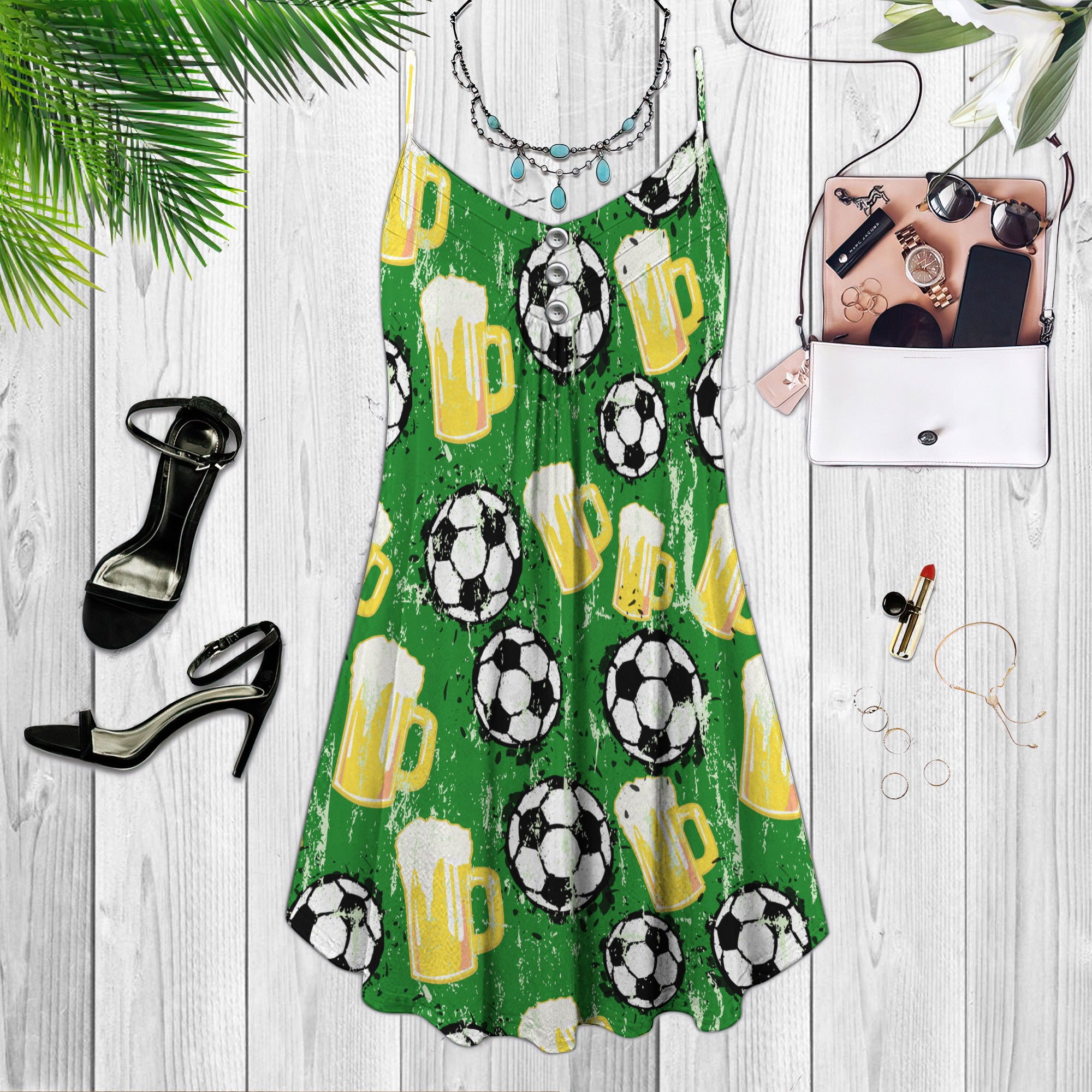 Beer Football And Beer Spaghetti Strap Summer Dress | Sleeveless V Neck Mini Dress | Sundress