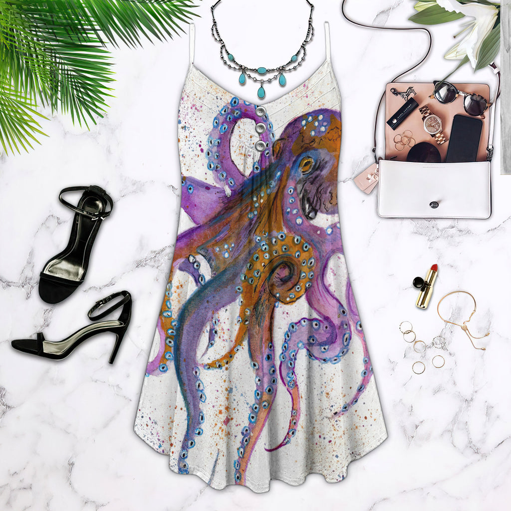 Octopus Spaghetti Strap Summer Dress | Sleeveless V Neck Mini Dress | Sundress