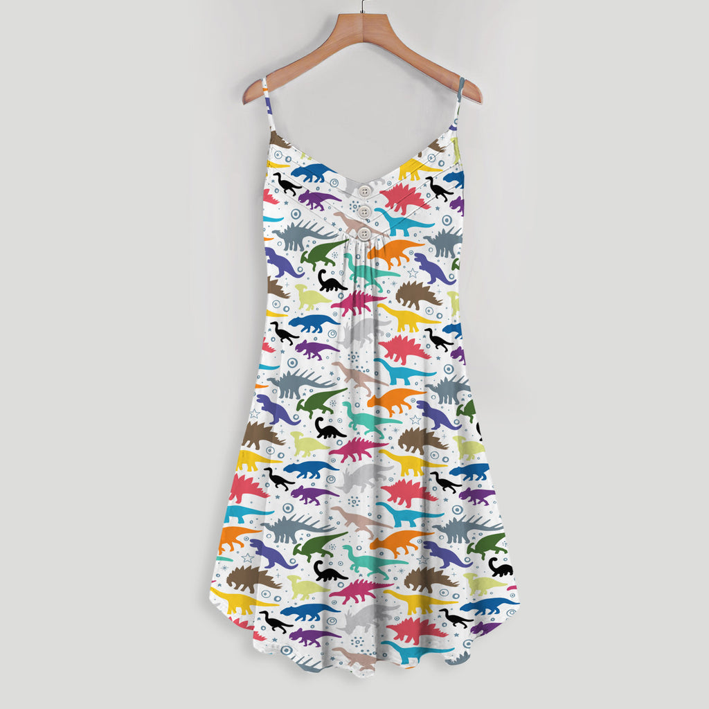 Colorful Dinosaur Area Spaghetti Strap Summer Dress | Sleeveless V Neck Mini Dress | Sundress