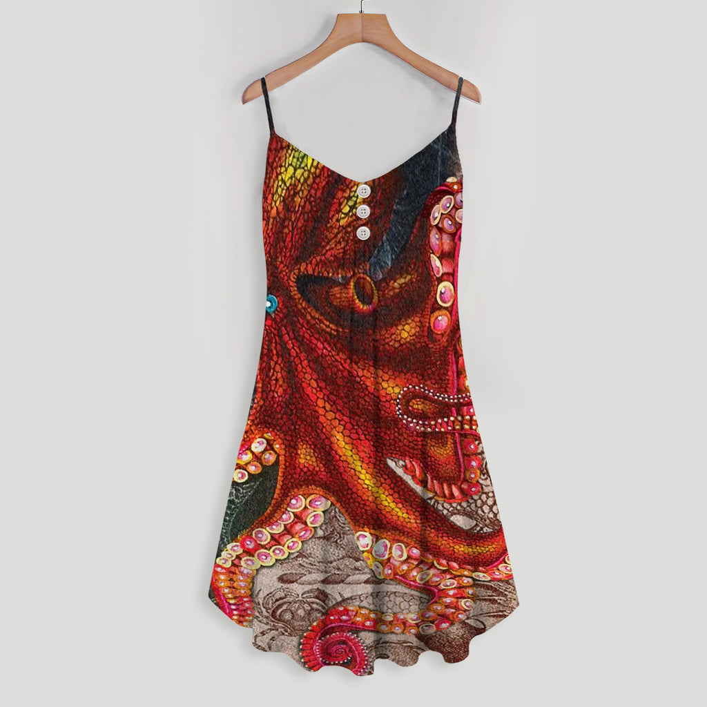 Octopus Spaghetti Strap Summer Dress | Women Sleeveless V Neck Mini Dress