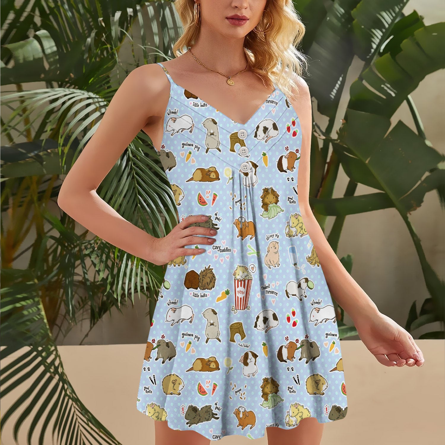 Guinea Pig Happy Seamless Spaghetti Strap Summer Dress | Sleeveless V Neck Mini Dress | Sundress